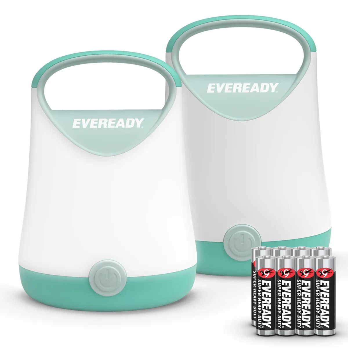 Two teal compact LED lanterns with top carry handles