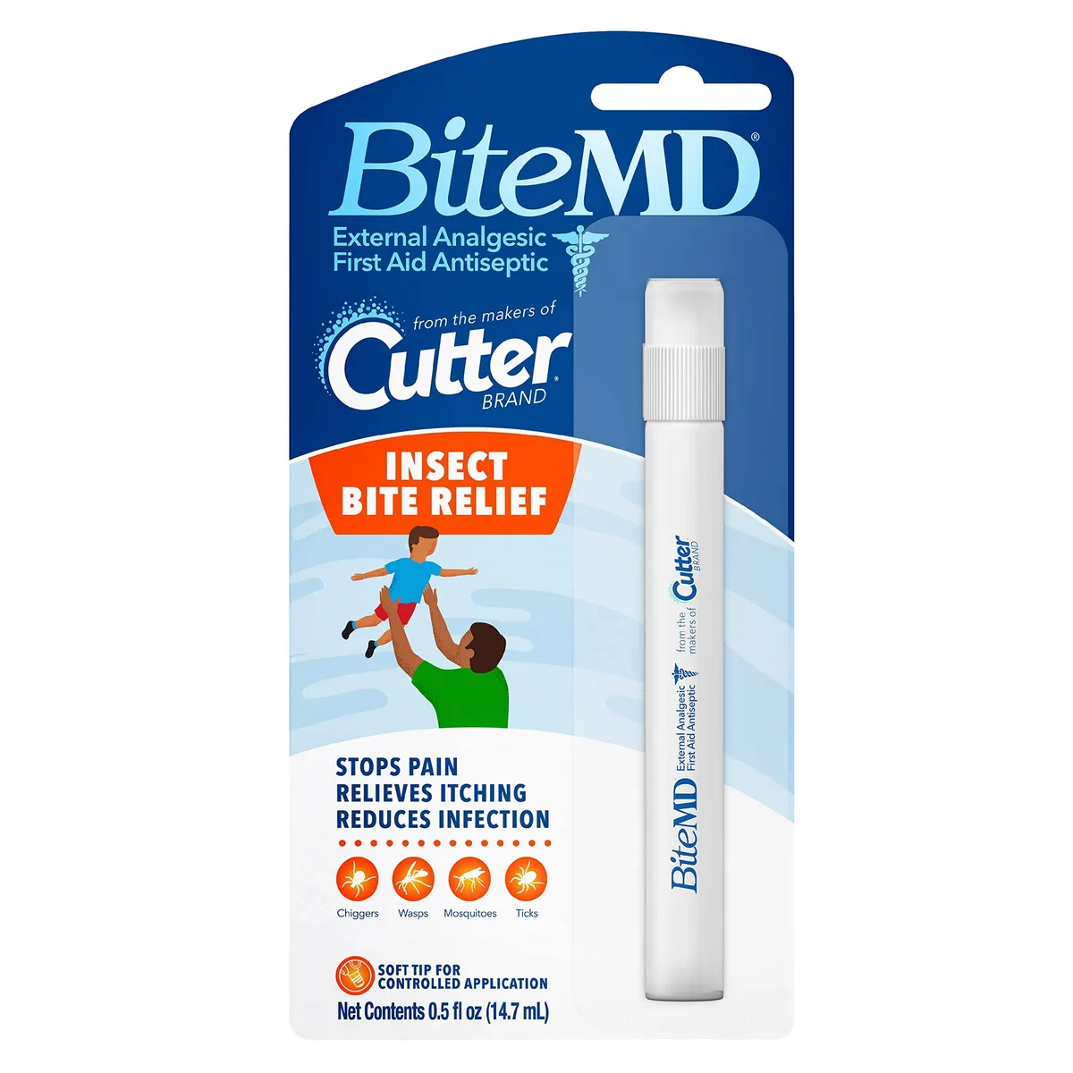 White and blue pen-style stick with soft tip, 0.5 fl oz insect bite relief