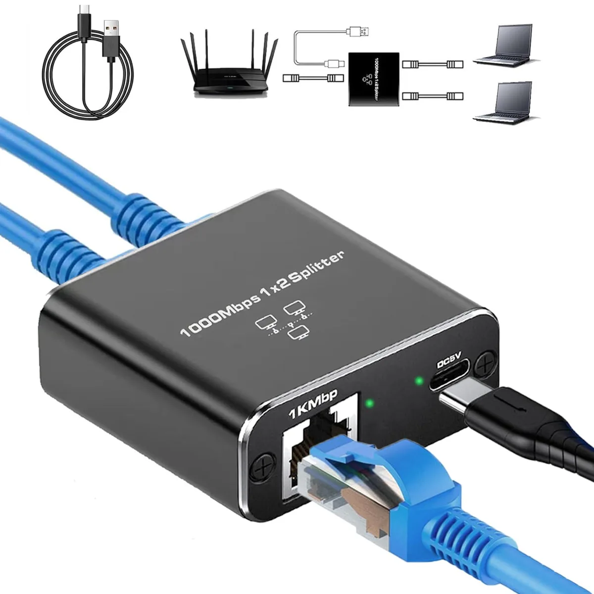 Vision Ethernet Splitter 1 to 2 1000Mbps USB Powered 39.3in — product photo