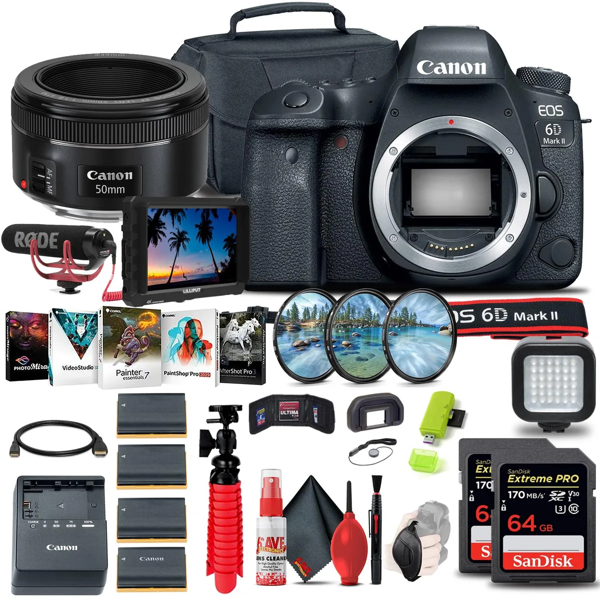 Canon International Canon EOS 6D Mark II 26.2MP DSLR Camera Bundle with 7" Monitor, 50mm f/1.8 Lens, Mic, Headphones, 2×64GB Cards — product photo