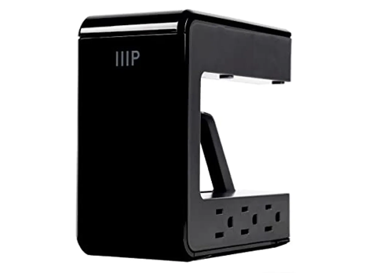 Black C-shaped desk clamp surge strip with six AC outlets and three USB ports