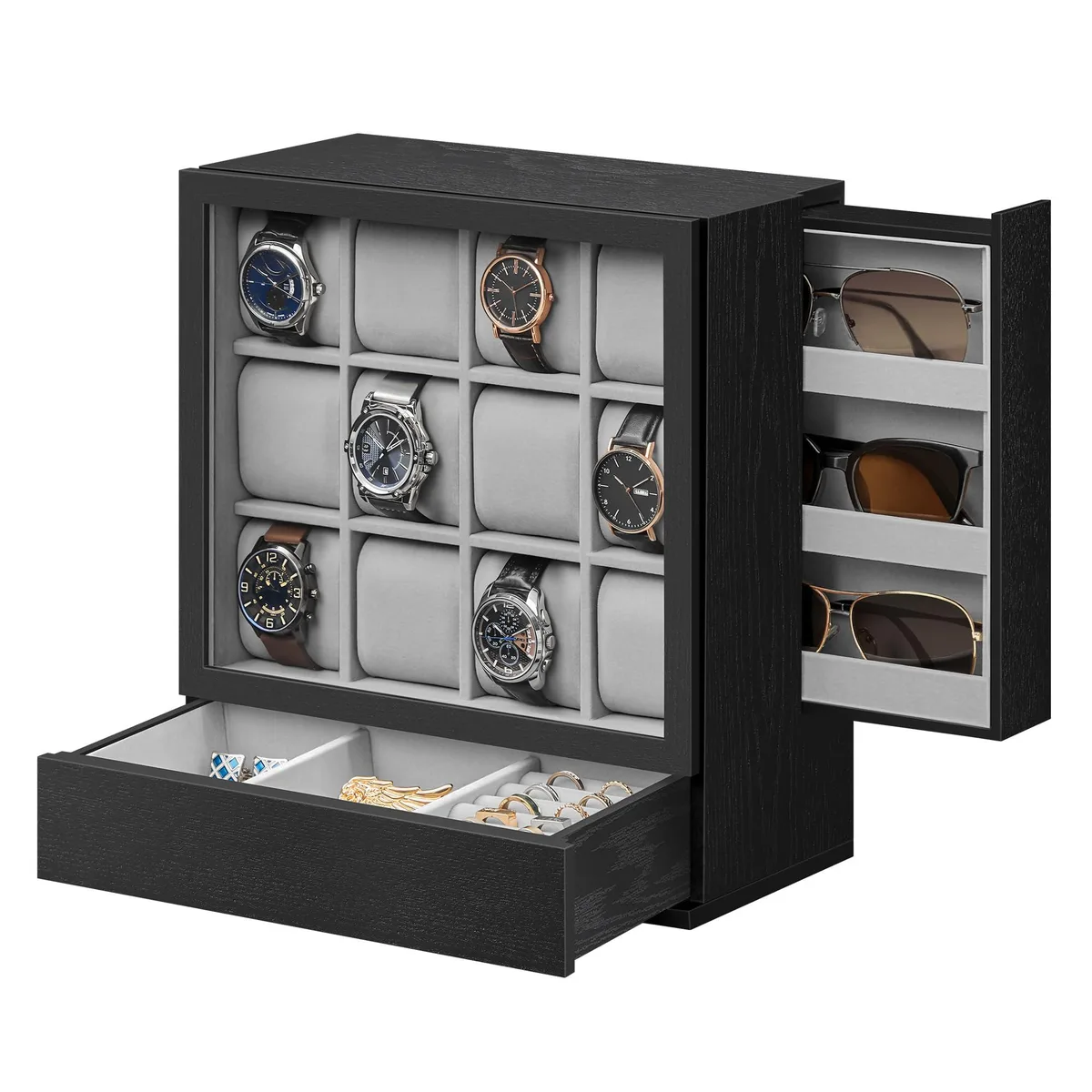 Black wooden watch box with clear window and twelve velvet slots