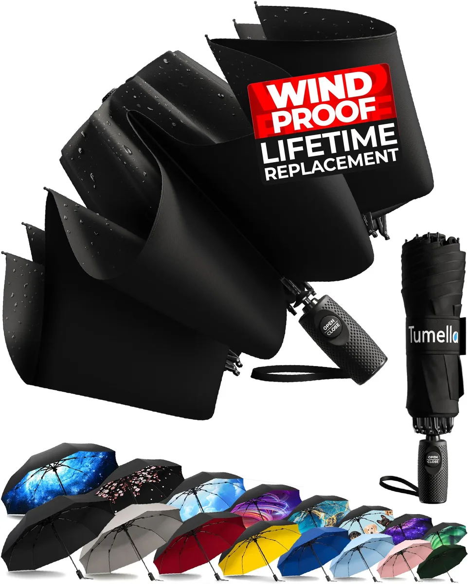  TUMELLA TU-RV-001-Black-L1 Inverted Windproof Umbrella 46" Clear 12.2" folded — product photo