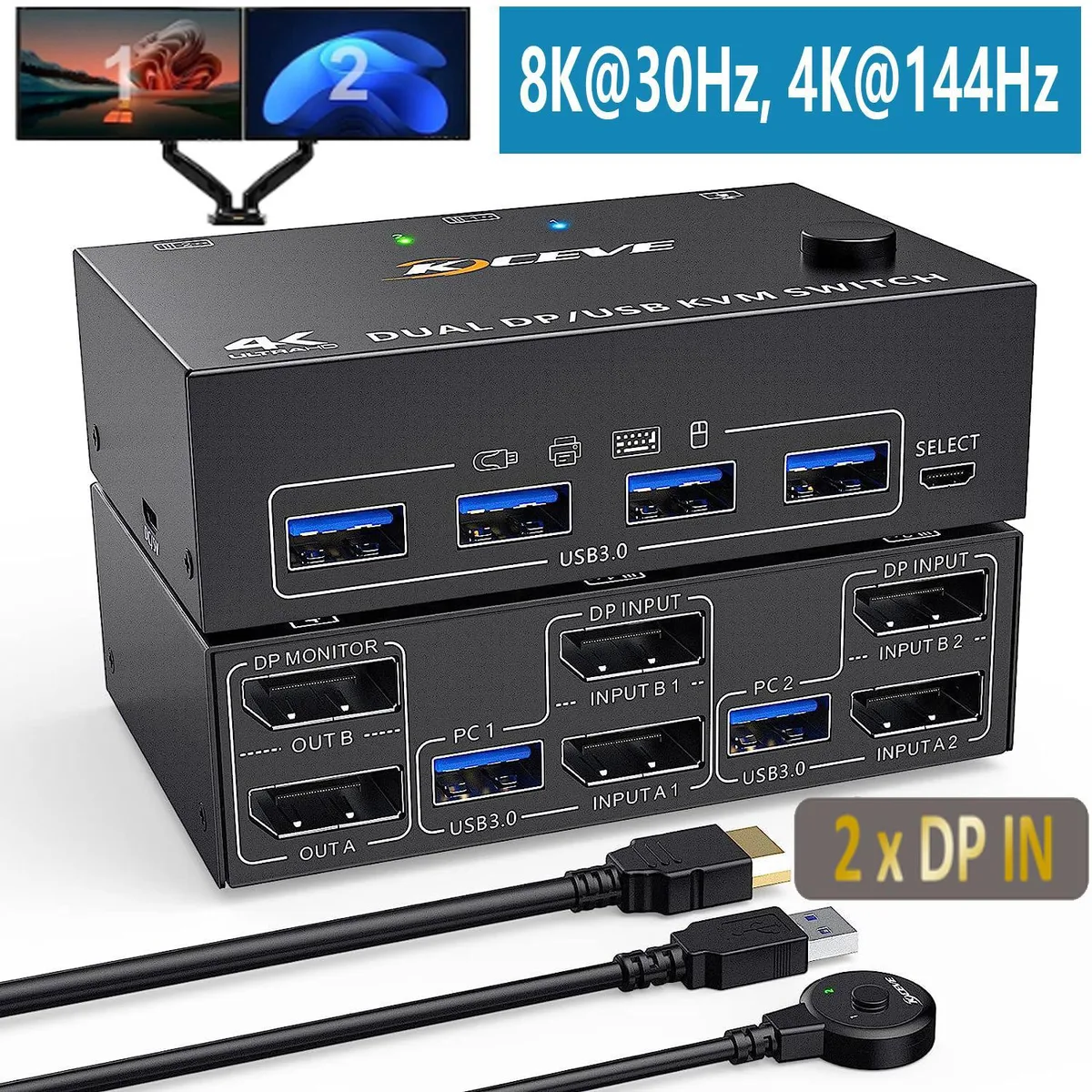 WRIARICH WRIARICH Dual Monitor DP 1.4 KVM Switch 2 PCs 2 Monitors 8K30 4K144 4×USB 3.0 Wired Remote 4 Cables — product photo