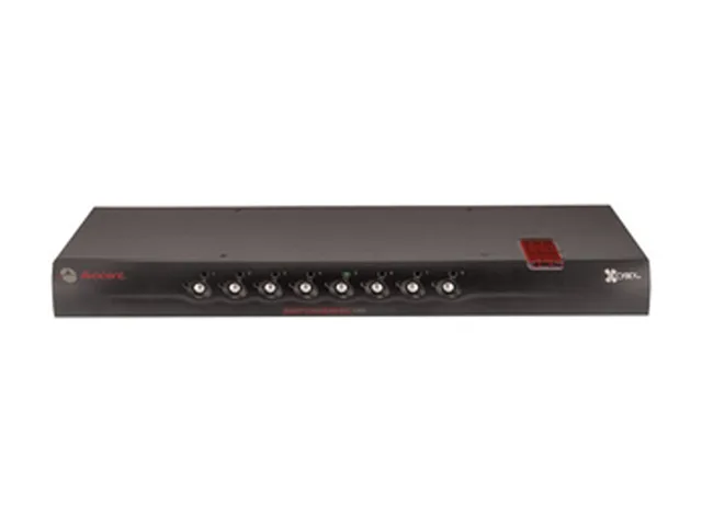 Rectangular beige metal box, eight computer ports on front, one monitor port, power inlet at rear