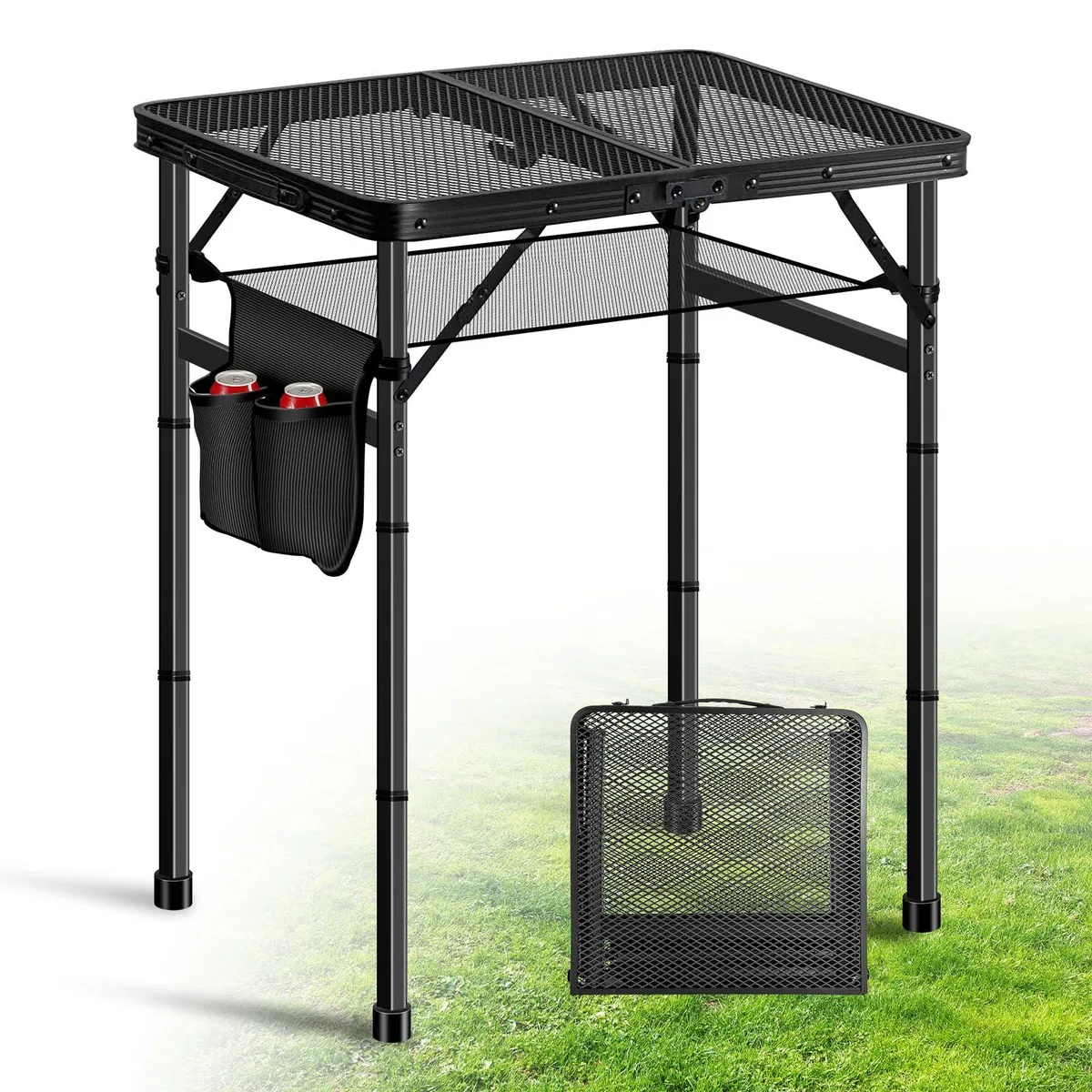 Black folding grill table with adjustable legs at three heights, mesh storage bag and side pockets visible