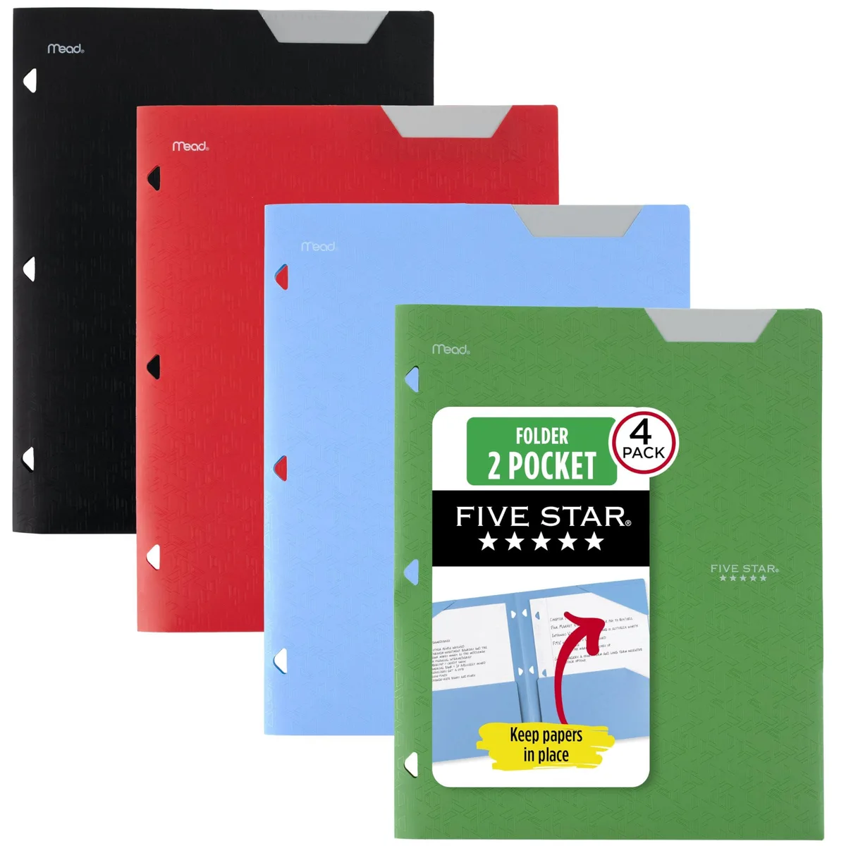 Four plastic folders with stay-put tabs, assorted colours, three-ring punched