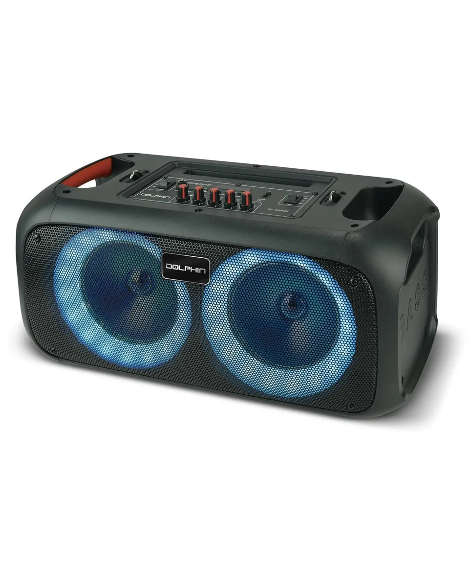 Black rectangular party speaker with dual 6.5 inch woofers and shoulder strap