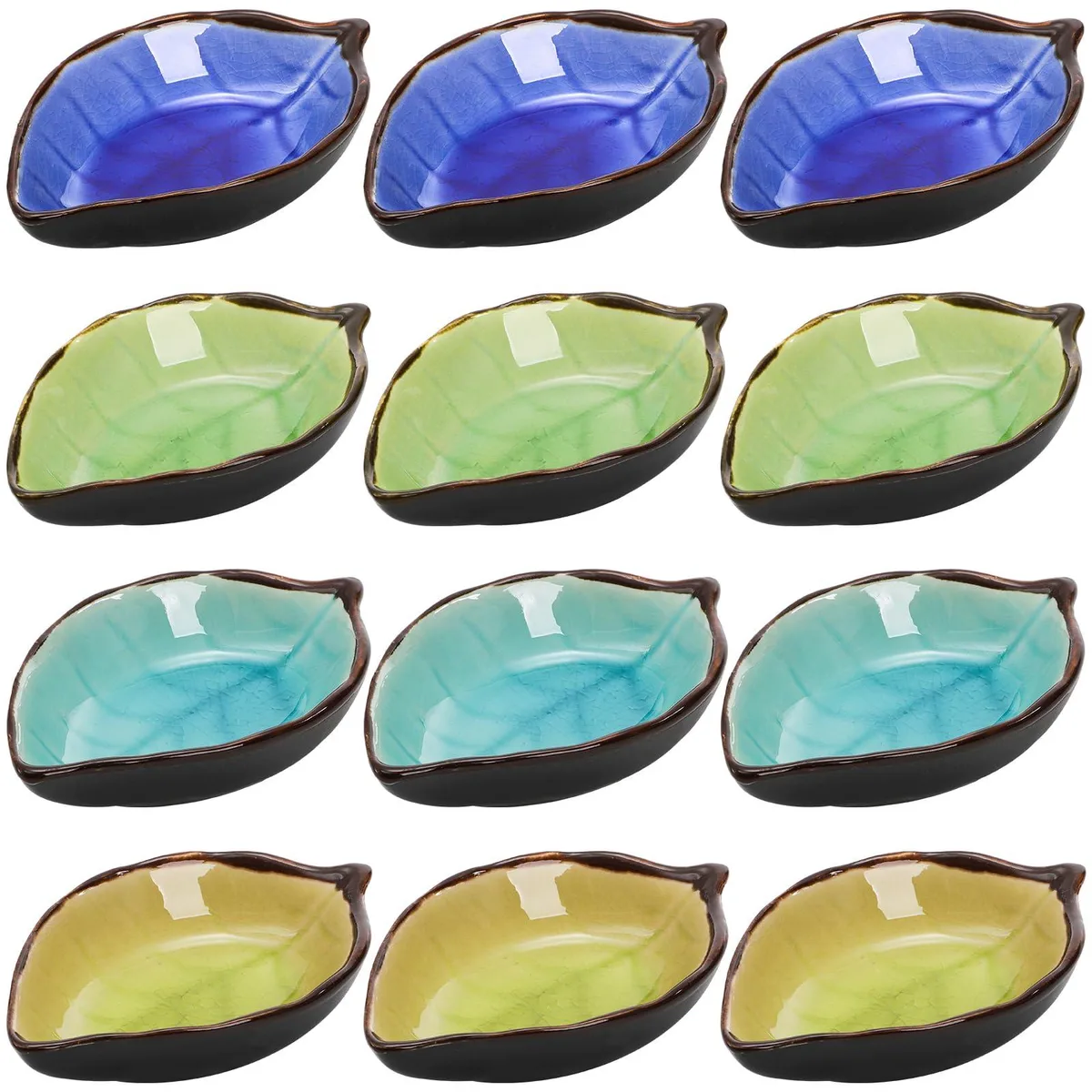 Twelve ceramic leaf-shaped dipping bowls in brown and red, 11.0998 x 13.589 x 20.5994 cm