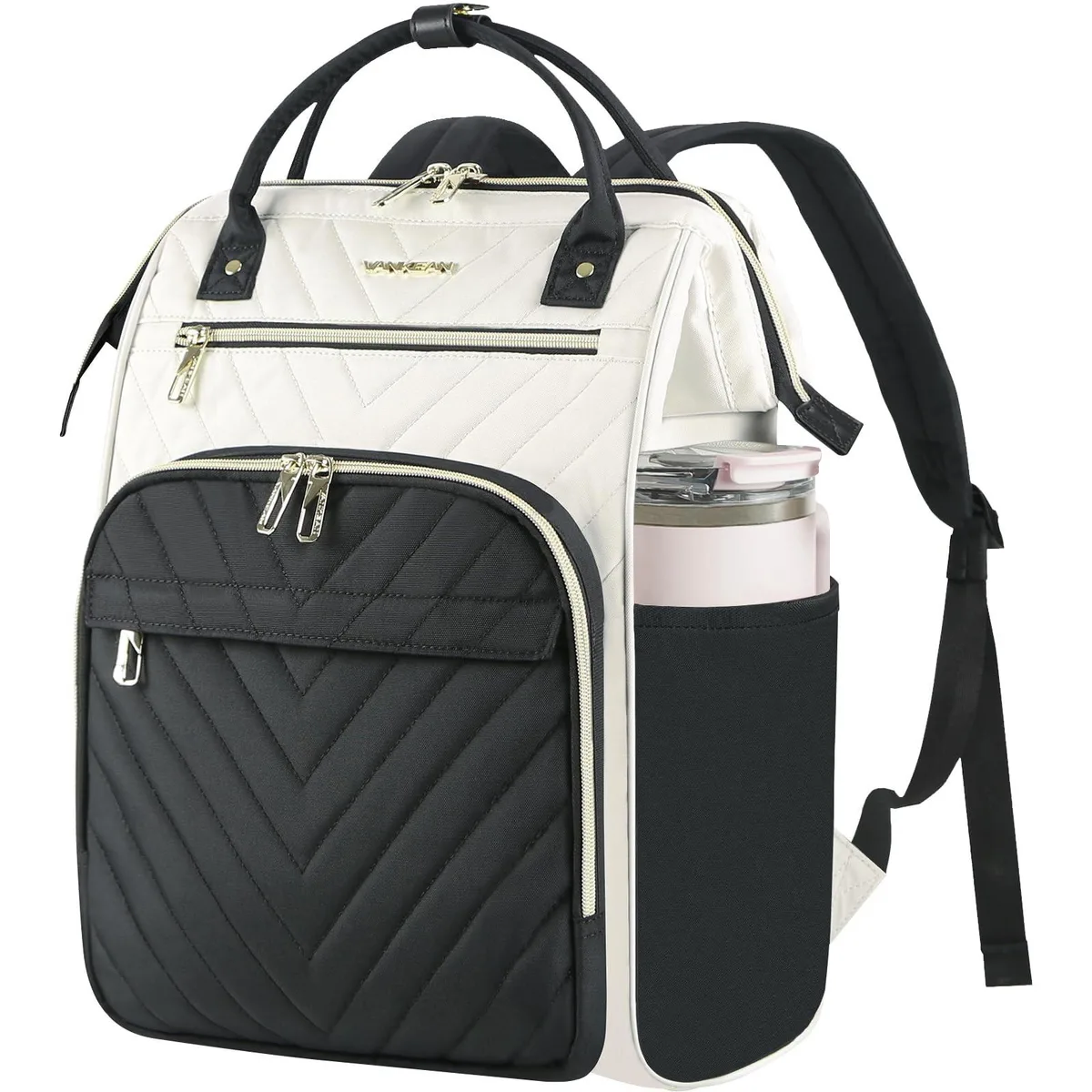 Beige-black 17-inch laptop backpack with floral pattern, USB port and side pockets