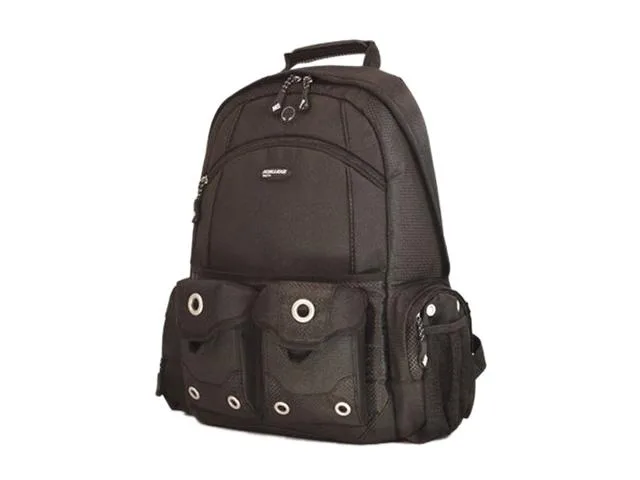Black 16-inch laptop backpack with ripstop nylon finish and aluminum grommets
