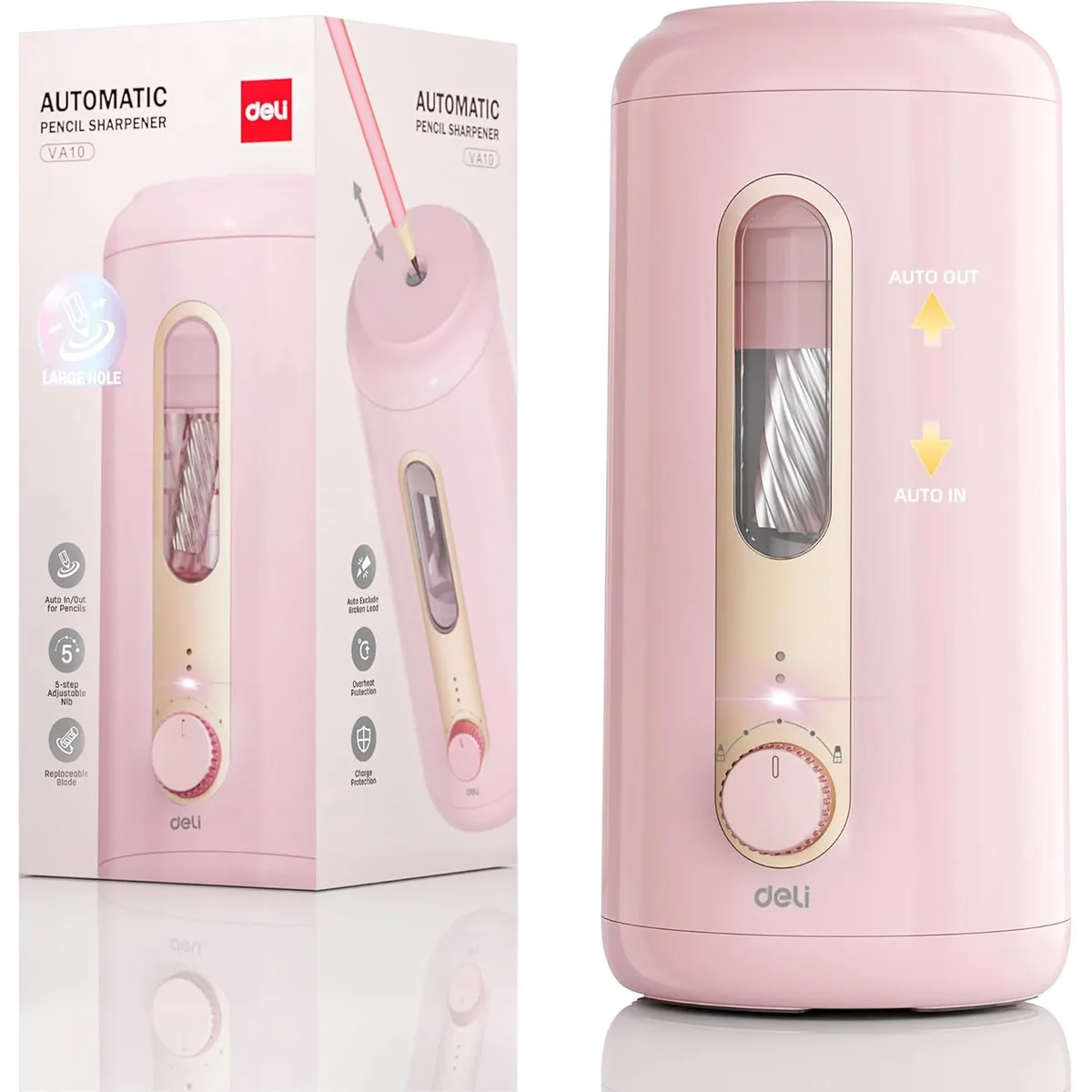 Pink ABS electric pencil sharpener, vertical, battery-powered, 9.19 x 9.19 x 20.7 cm
