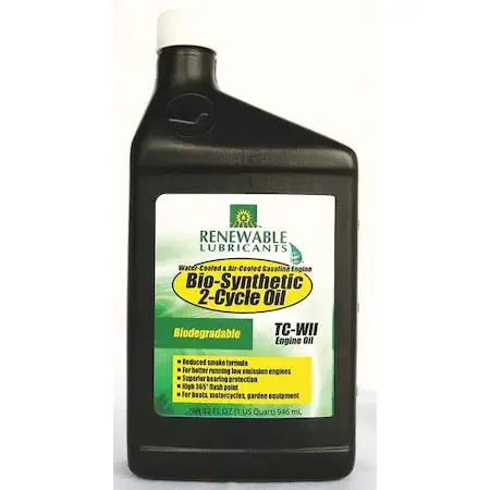 Blue biodegradable 2-cycle engine oil in a 1-quart bottle
