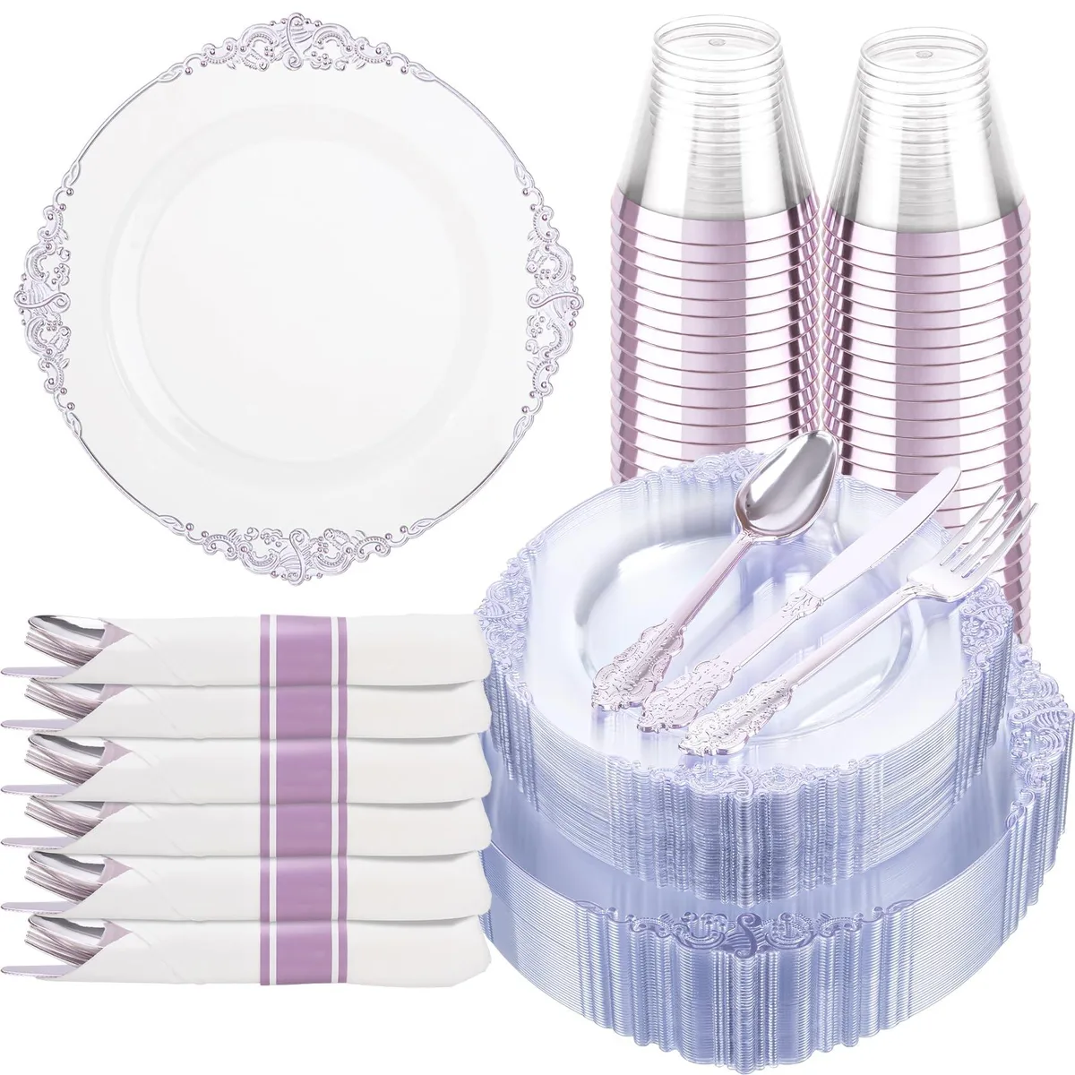 Clear purple flatware set for 25 guests, 175 pieces in box