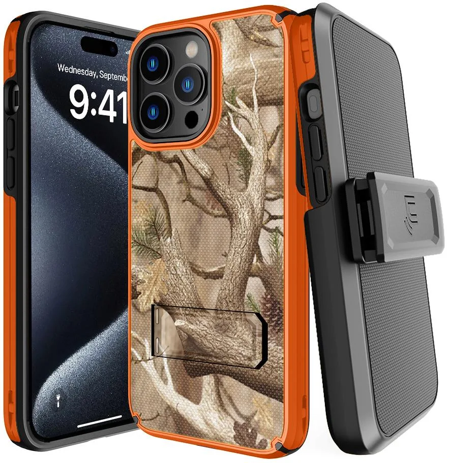 Nakedcellphone Nakedcellphone Tough Stand Case + Belt Clip Holster Combo for iPhone 15 Pro Max - Orange Camo — product photo