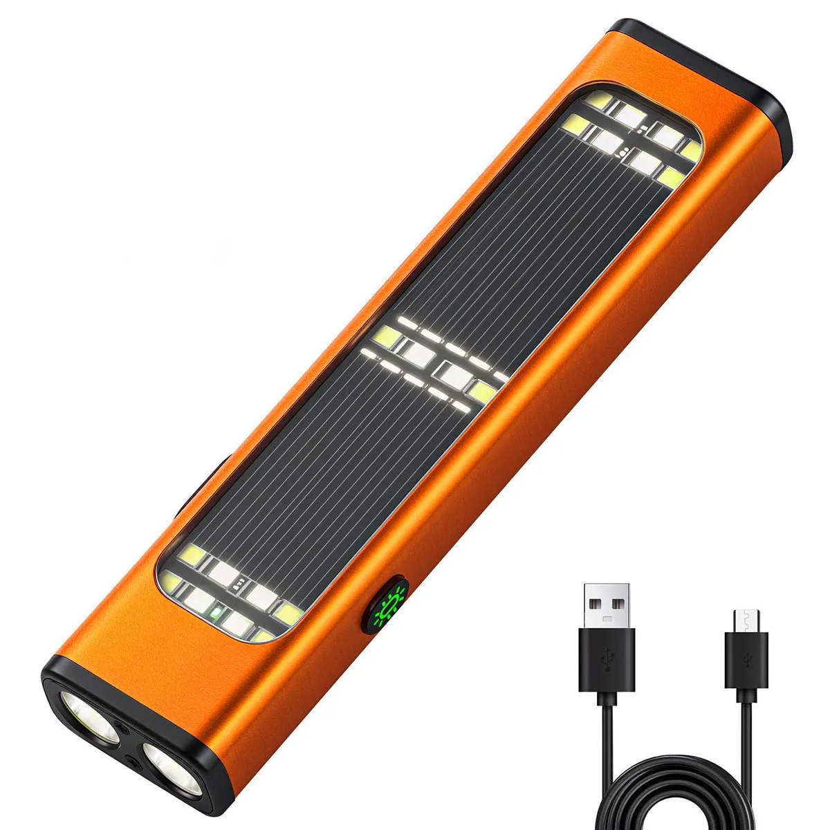 Orange rectangular flat flashlight with solar panel and magnetic base
