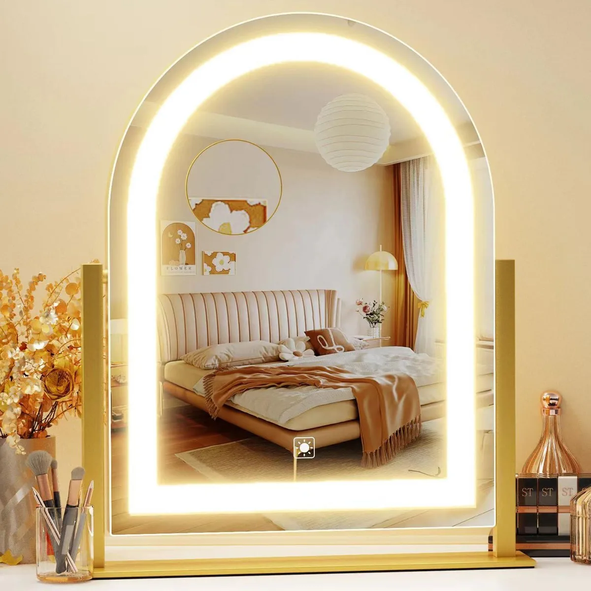 Arched gold aluminium vanity mirror 17.2 by 13.6 inches with 120 LED light bar detachable 10x magnification 360 degree rotation