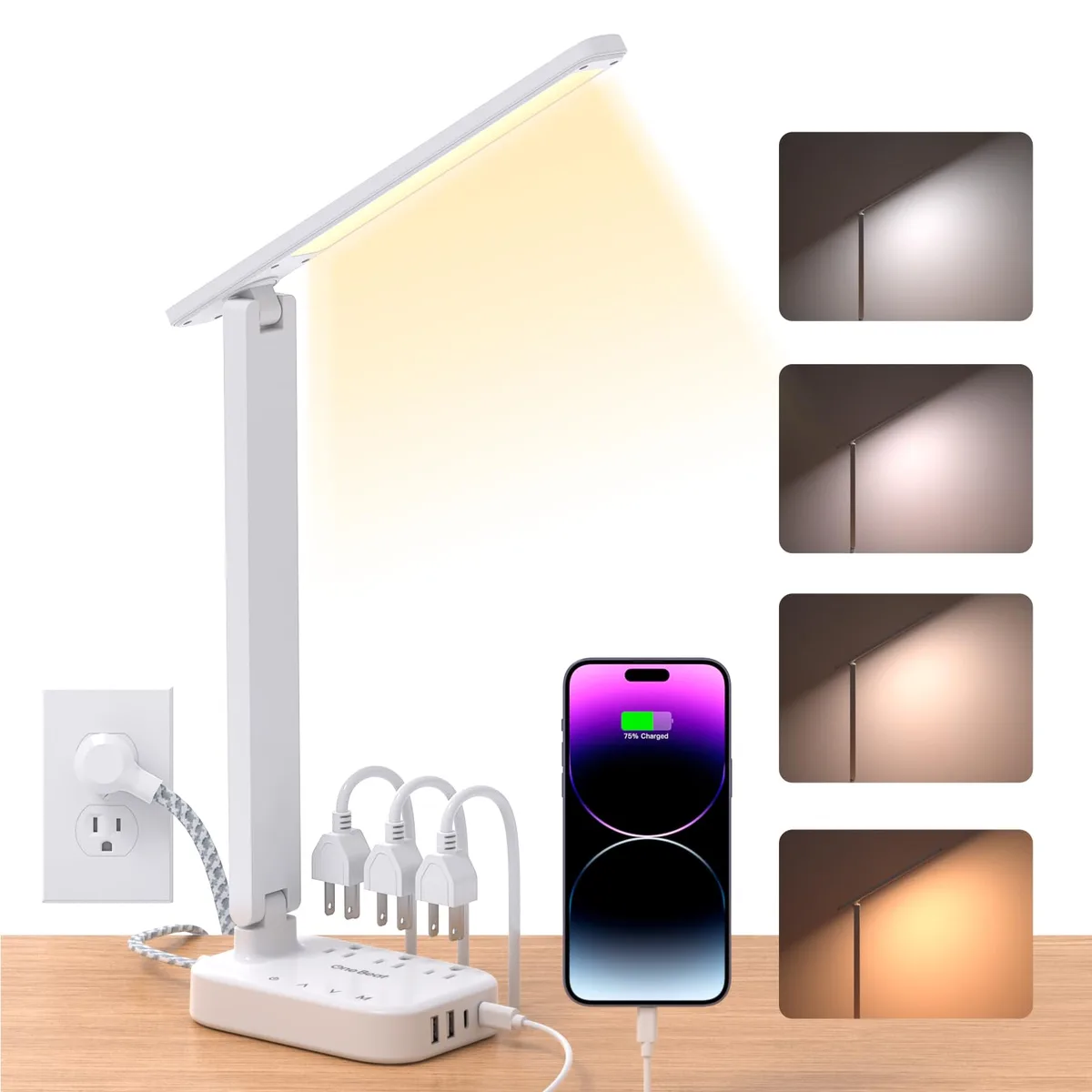 One Beat OB3LDC2 LED Desk Lamp Power Strip 3 Outlets 4 USB Ports 5ft Cord White — product photo