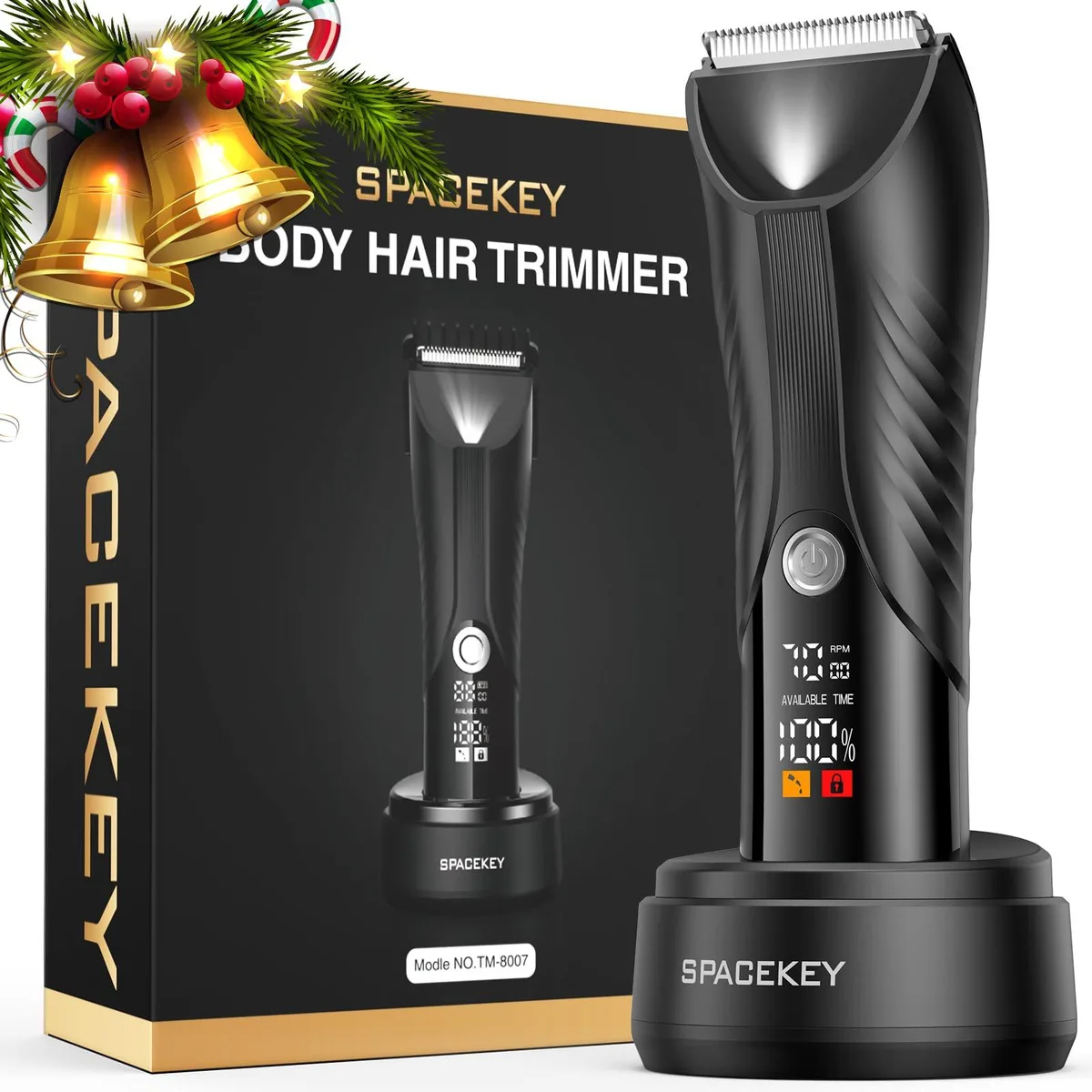 Black cylindrical body groomer with LED display and travel pouch