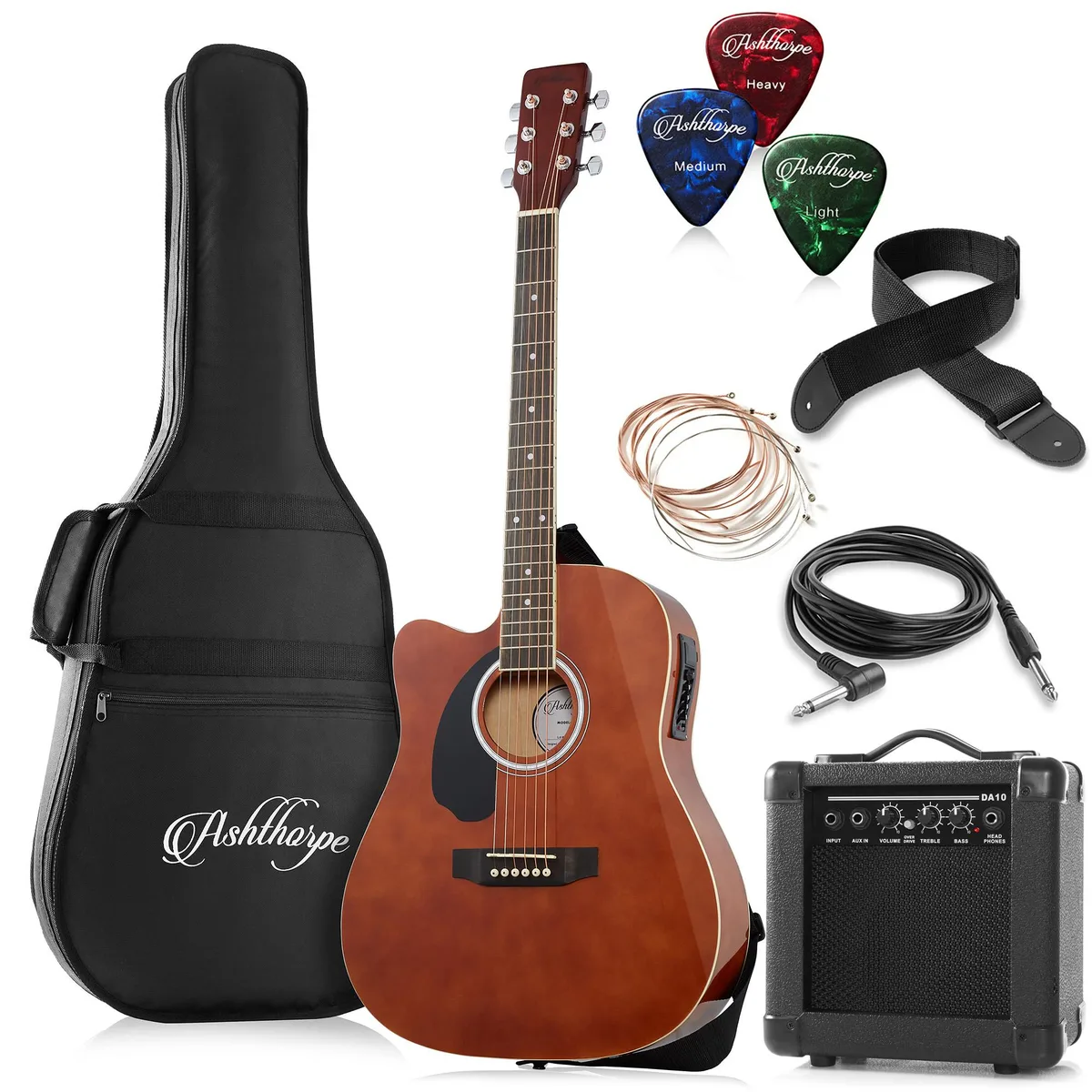 Ashthorpe Ashthorpe Left-Handed 41" Dreadnought Cutaway Acoustic-Electric Guitar Package 10W Amp Brown — product photo