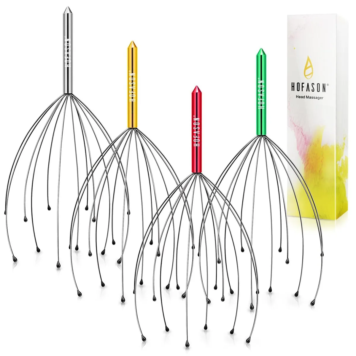 Four metal head massagers with rubber-tipped prongs, assorted colours