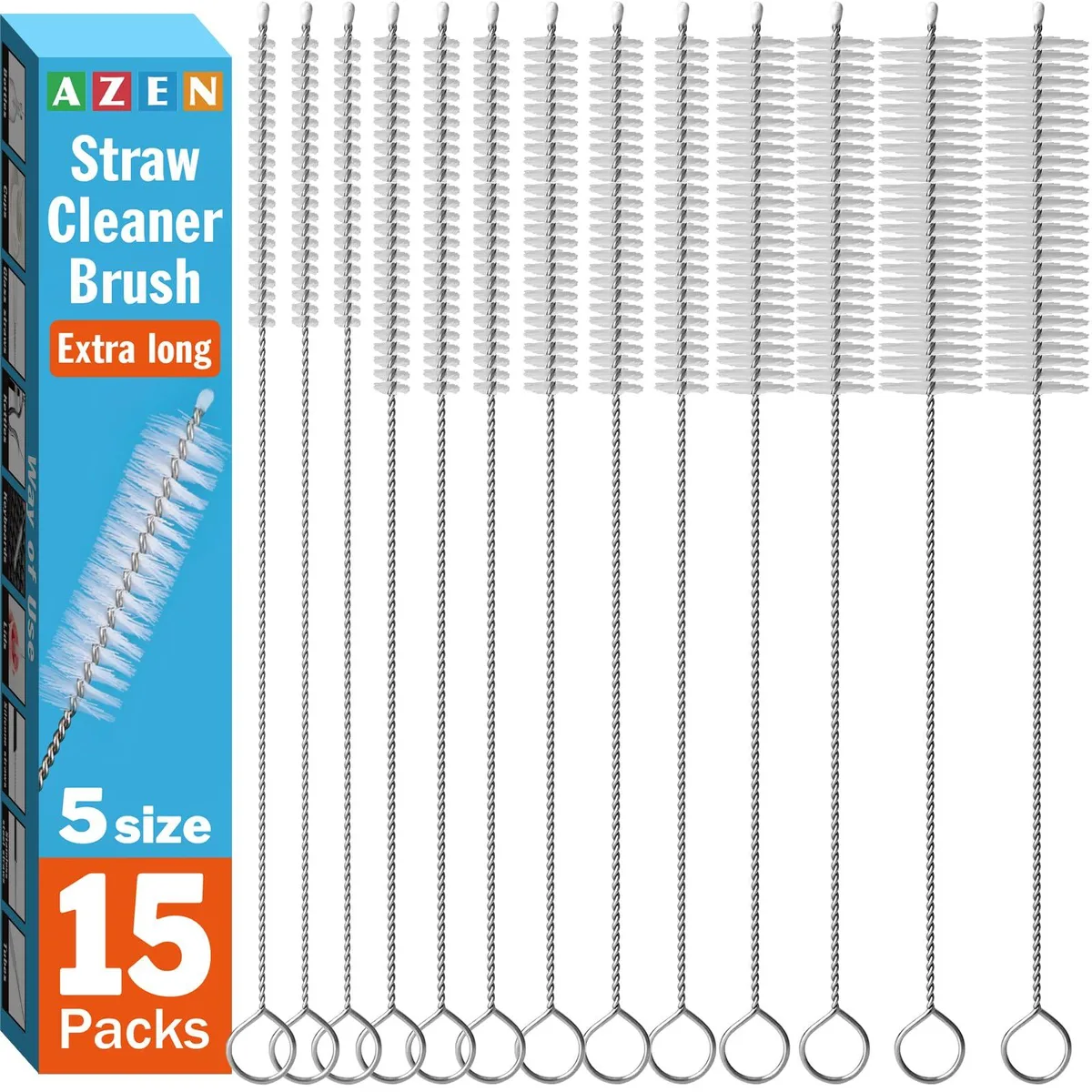 Fifteen twelve-inch straw brushes in five diameters with stainless wire handles