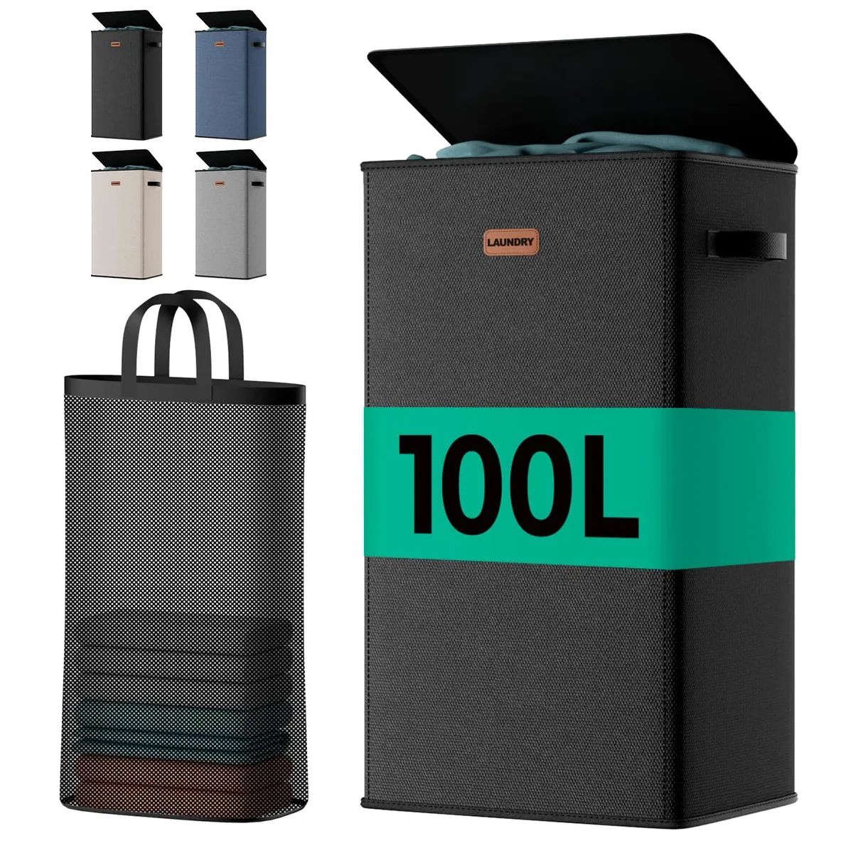 Tall rectangular laundry hamper in dark fabric with fitted lid and side handles