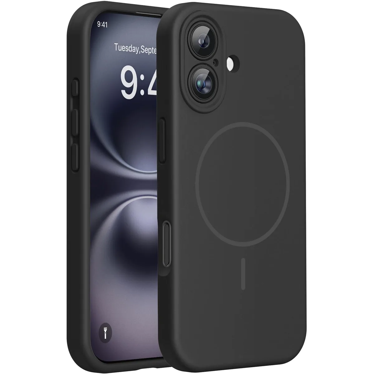 Black liquid silicone iPhone 16 case with MagSafe compatibility and microfiber lining