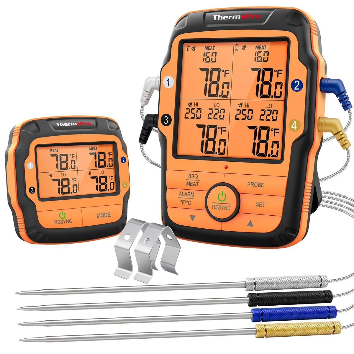 Orange wireless meat thermometer with four colour-coded probes and digital receiver