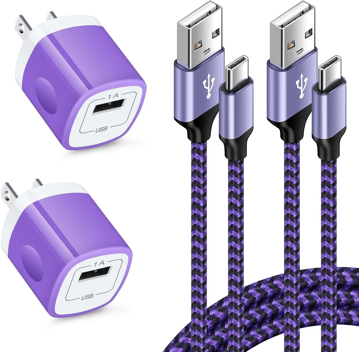 Two white USB-C wall chargers with braided cables
