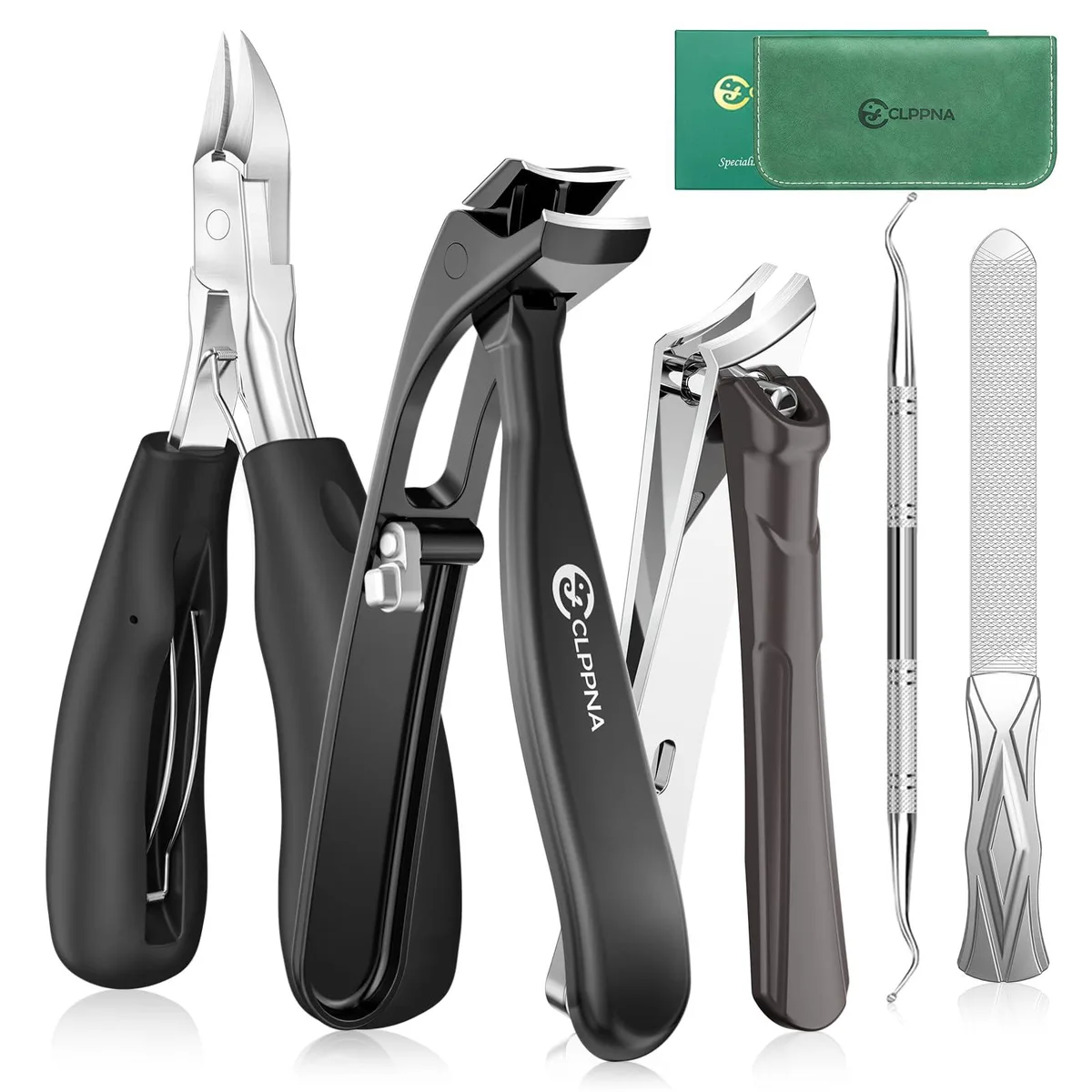 Blue 6-piece toenail clipper set with long handles and leather storage bag