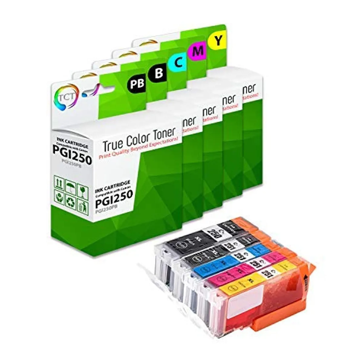 Five ink cartridges in a row, black, cyan, magenta, yellow, pigment black