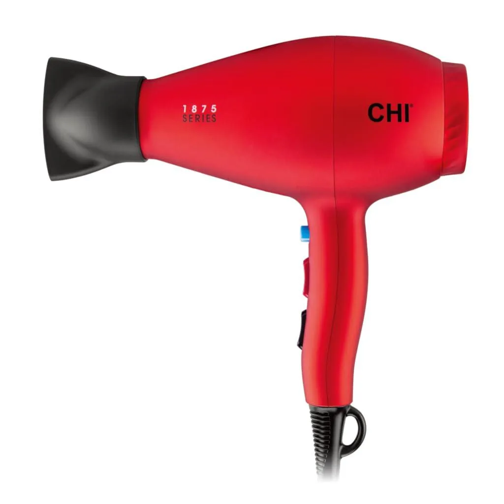 Red CHI hair dryer, compact pistol shape, glossy finish, 11 inches long