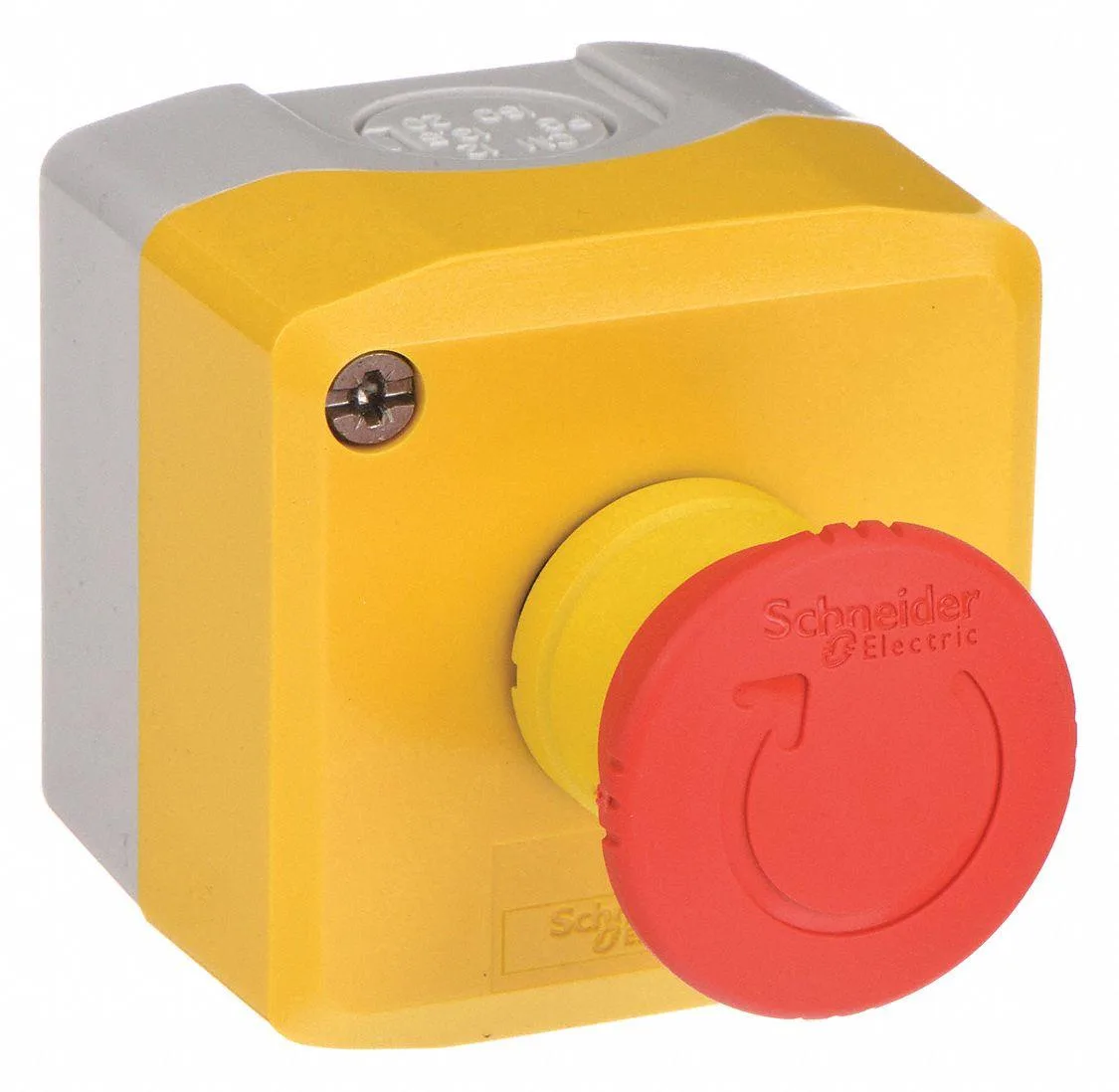 Yellow plastic industrial push-button station with red mushroom head and 22mm mounting hole