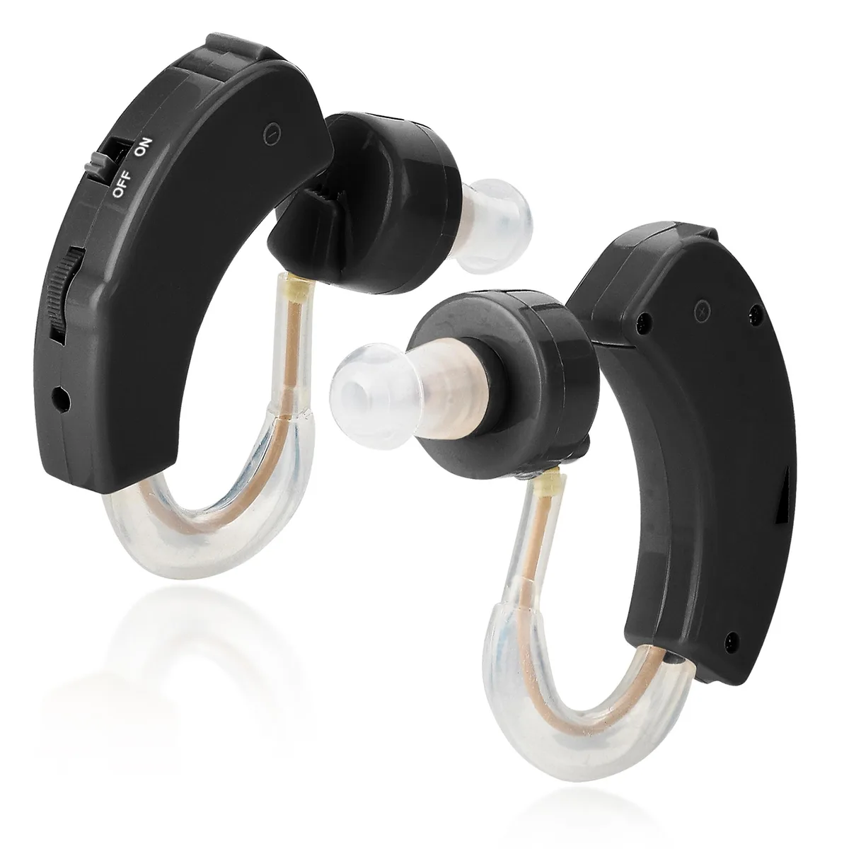 Two small black behind-the-ear hearing amplifiers