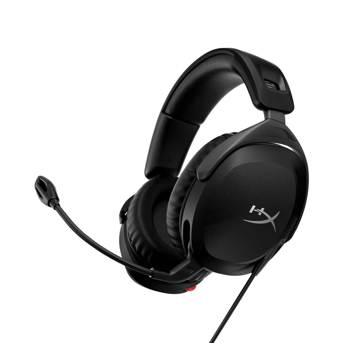 Black over-ear gaming headset with adjustable steel sliders, rotating ear cups, boom microphone, volume slider on right cup