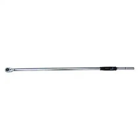Long silver electronic torque wrench with digital display and one inch ratchet head
