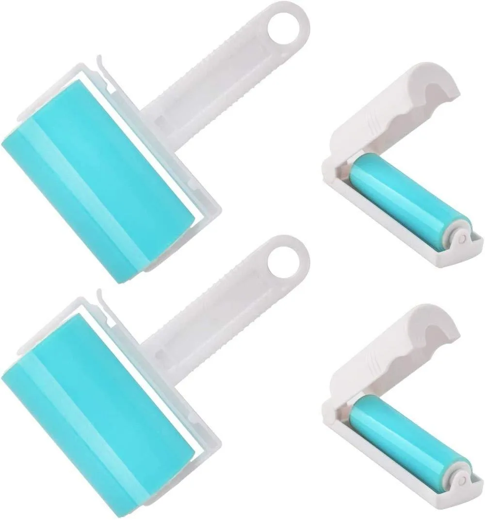 Four blue washable gel lint rollers, two large and two small travel size, ABS and TPR construction