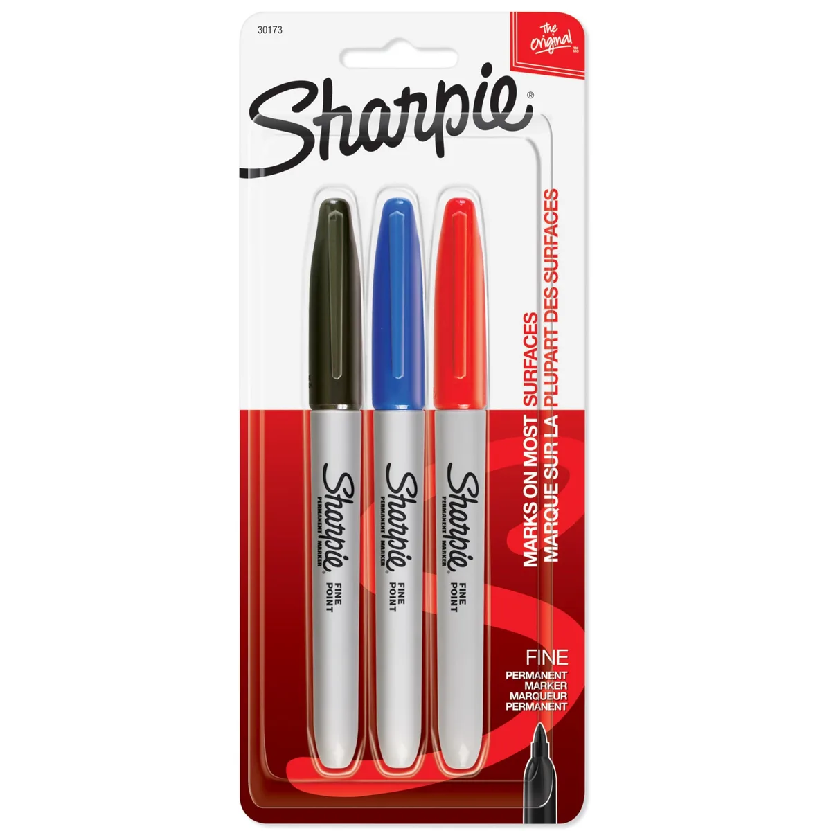 Pack of Sharpie fine-point permanent markers in black, blue and red