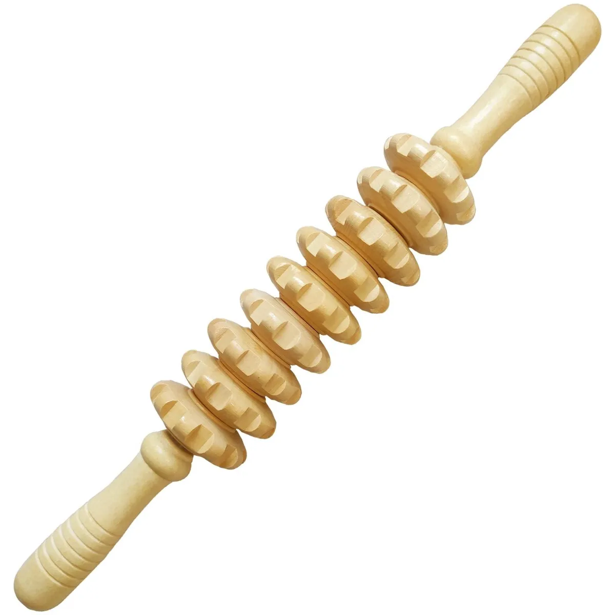 White wooden massage roller stick with handles, 15.3 inches long