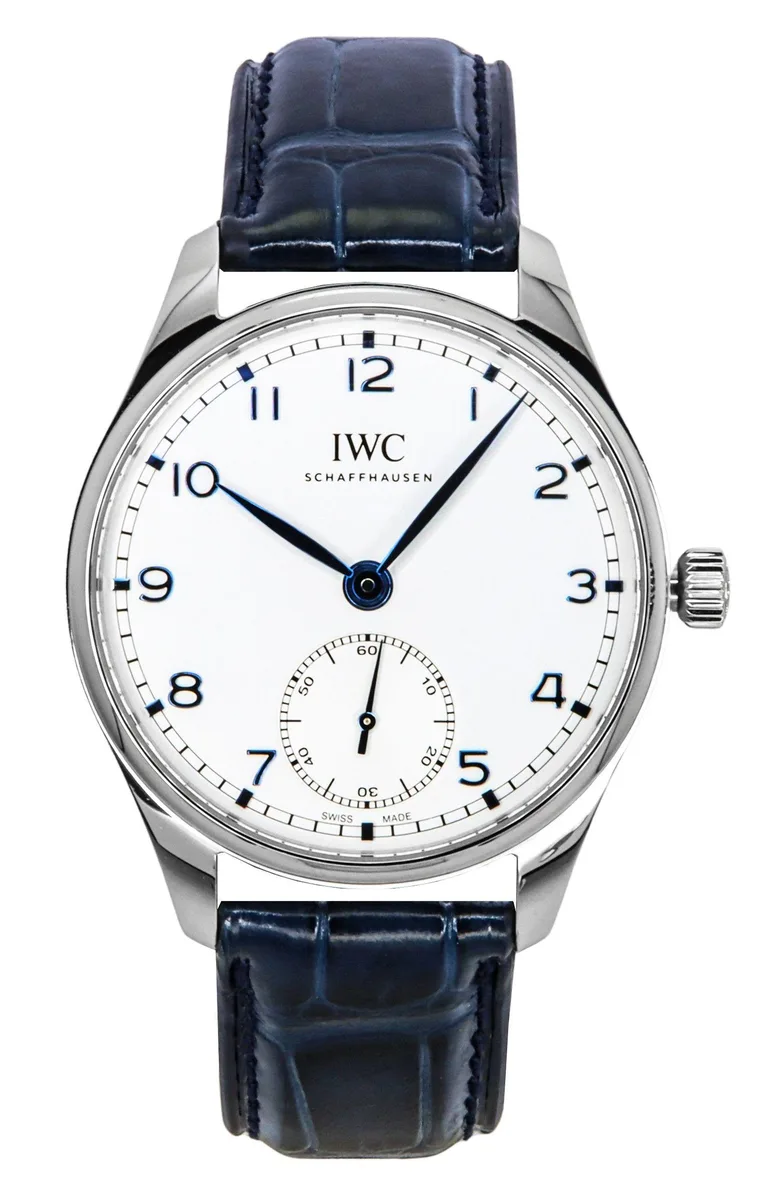 Silver dial round watch with leather strap and stainless steel case