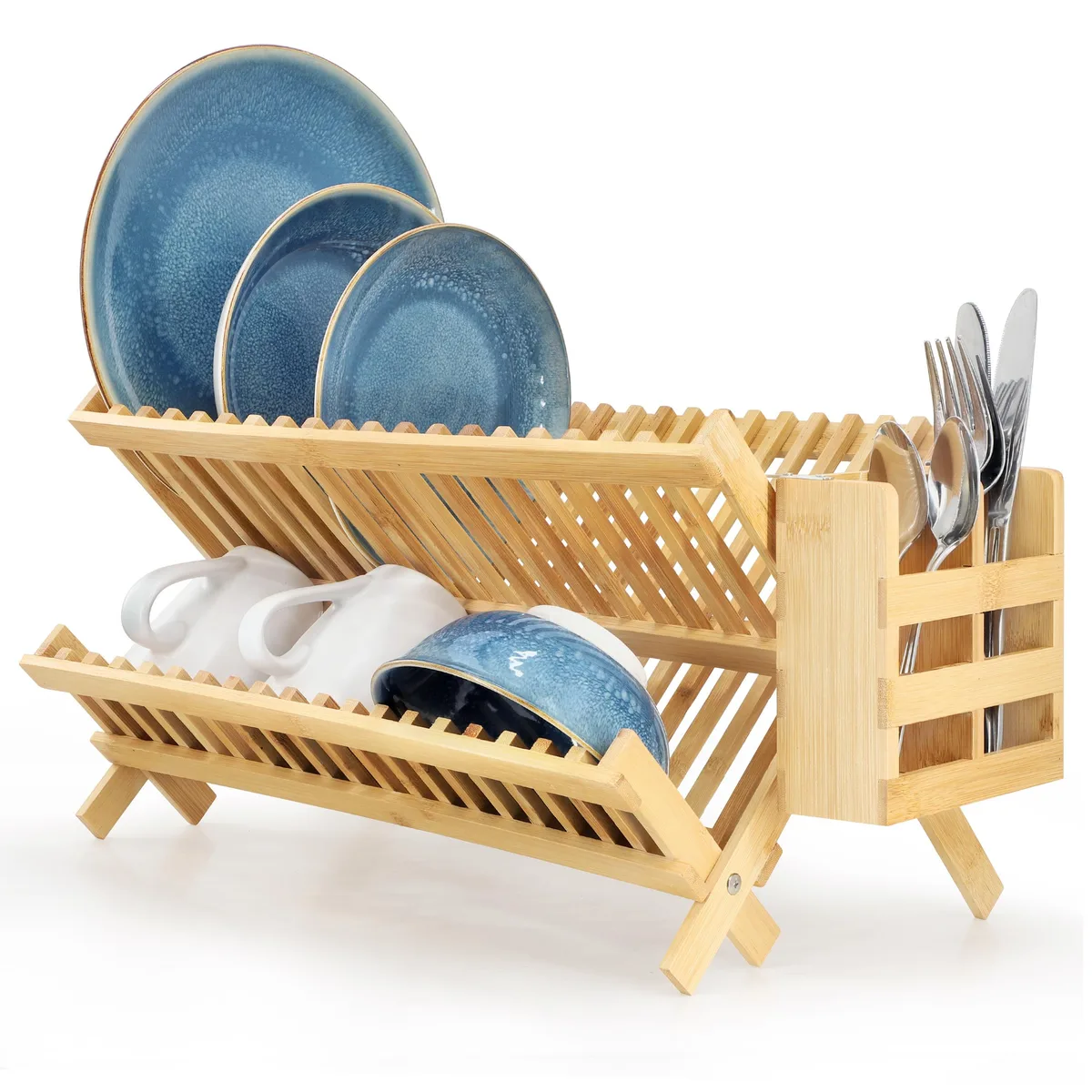 MegaChef MegaChef 2-Tier Collapsible Bamboo Dish Rack with Utensil Holder 19 Plates Per Tier — product photo