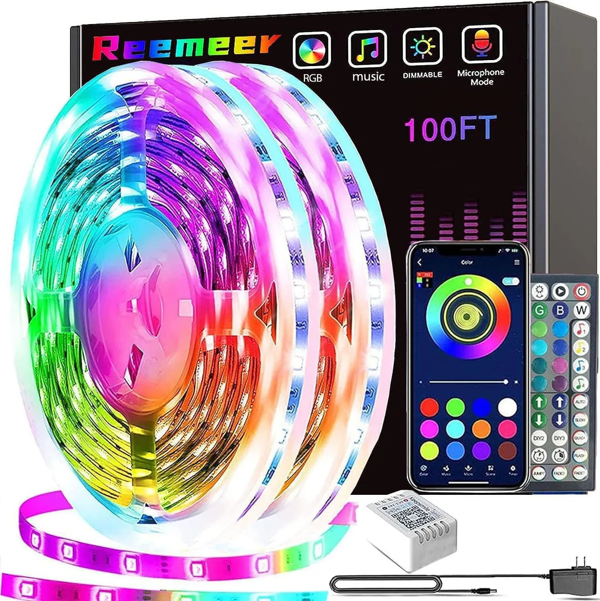 Two rolls of copper-finish LED strip lights on reels, 100 feet total length