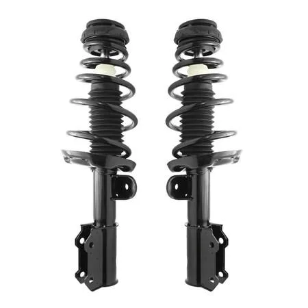 Pair of silver front strut assemblies with coil springs and top mounts, fully assembled