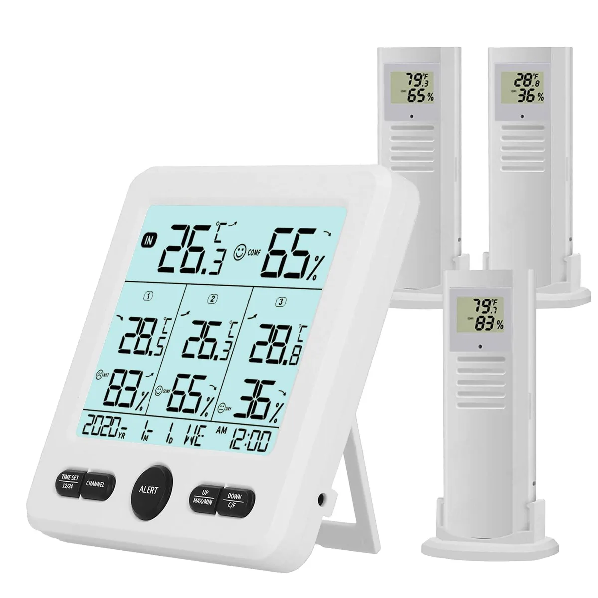 Black rectangular display console with three small wireless sensors, 4.7 inch screen, USB cable included