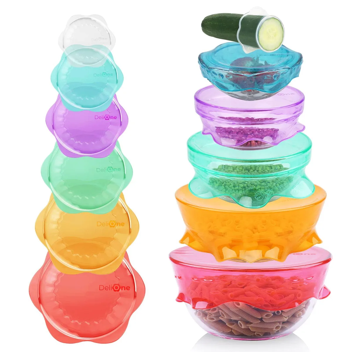 Six colourful transparent silicone stretch lids in various round sizes