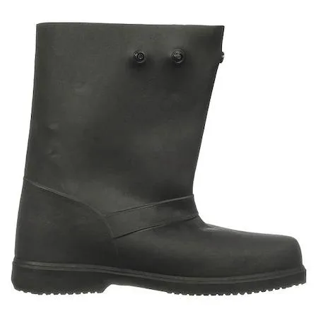 Black rubber overboots, mid-calf height, snap-tab closure, plain toe, size 9-10