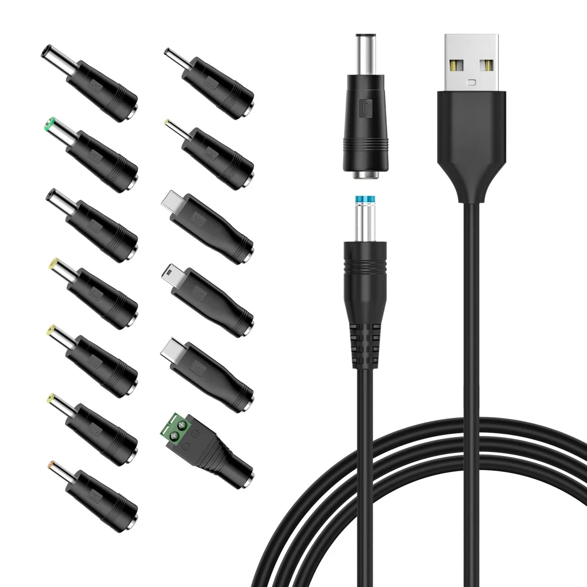 POWSEED USB to DC 5.5x2.1mm Power Cable 5ft 13pcs Adapters — product photo
