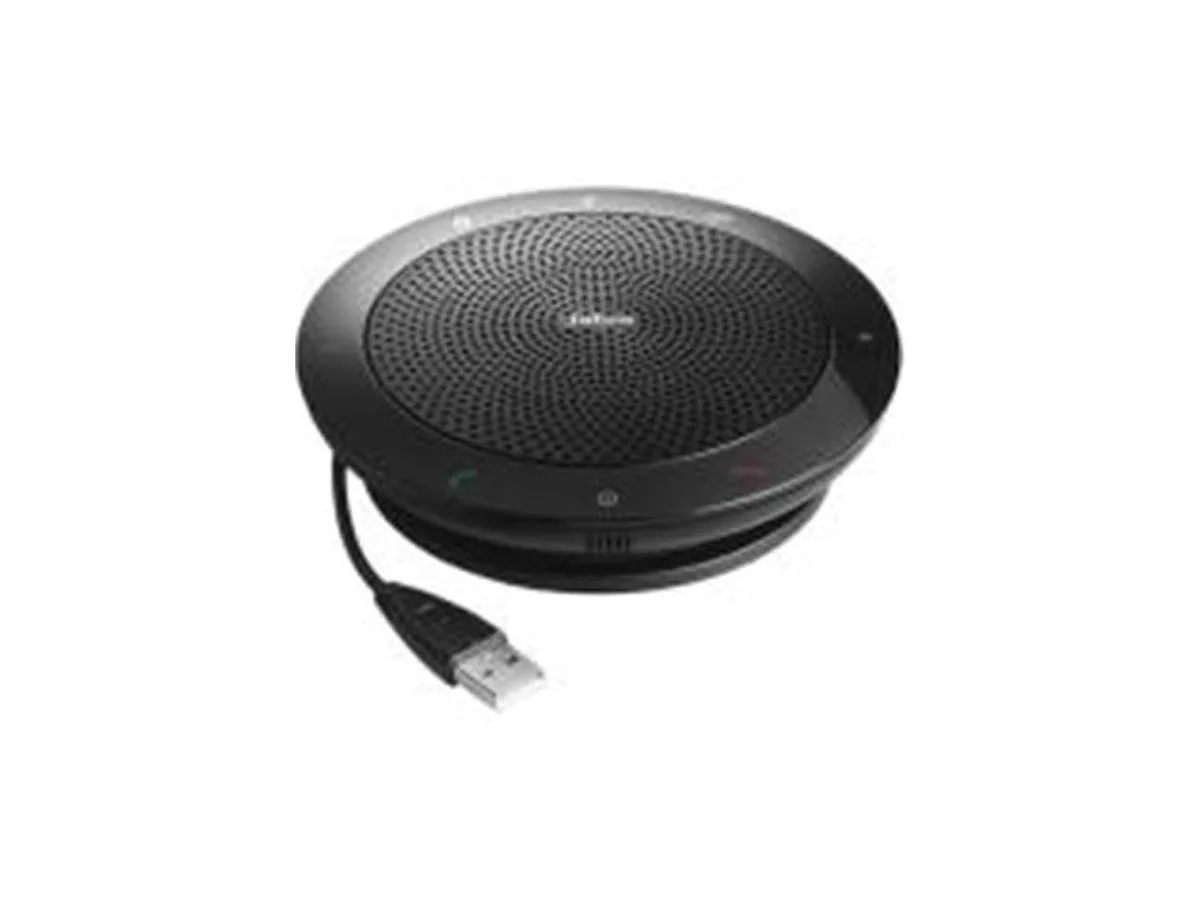 Compact circular speakerphone with matte finish and integrated controls