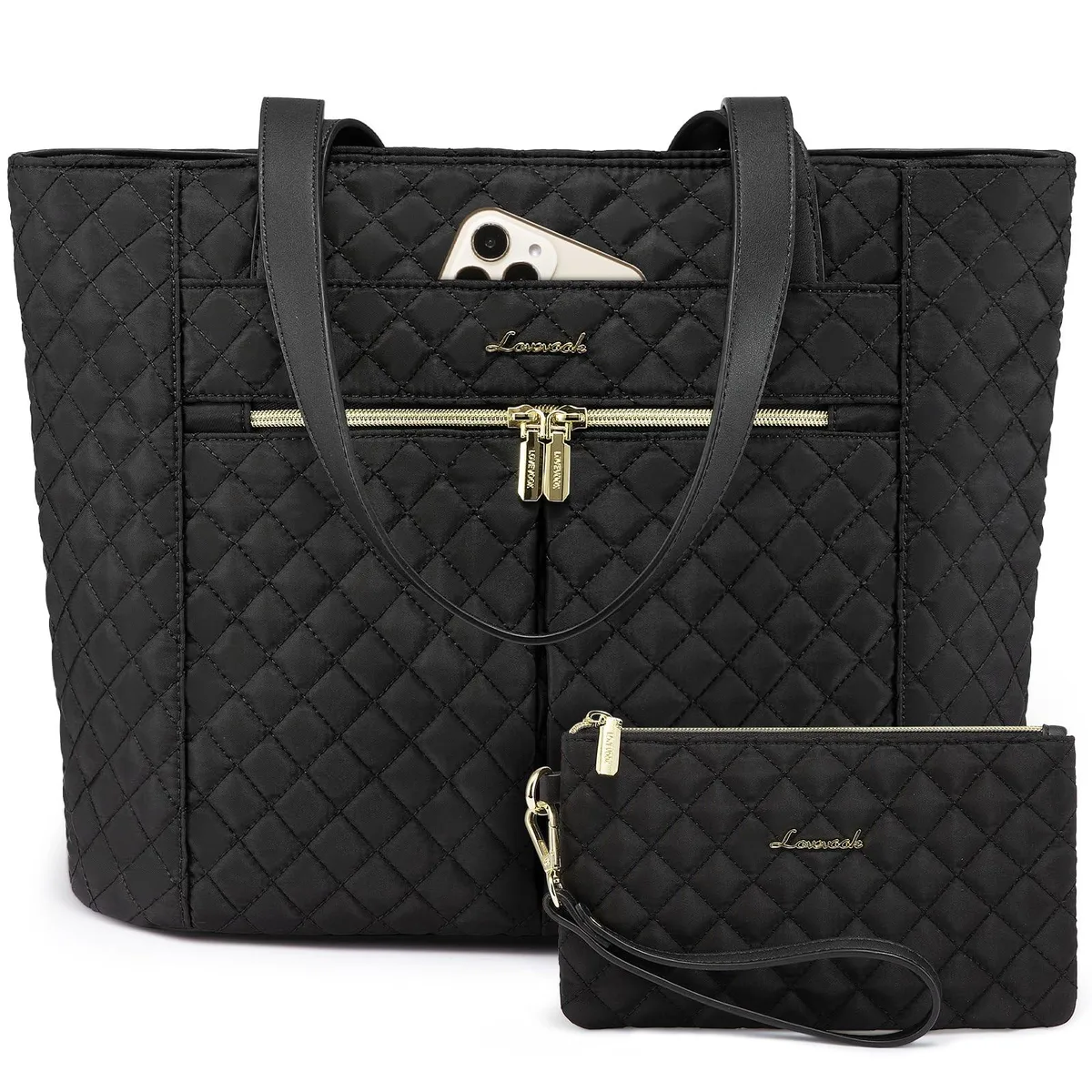 KW-Commerce KW-Commerce 2 in 1 accessory diamond quilted tote with clutch bag black — product photo